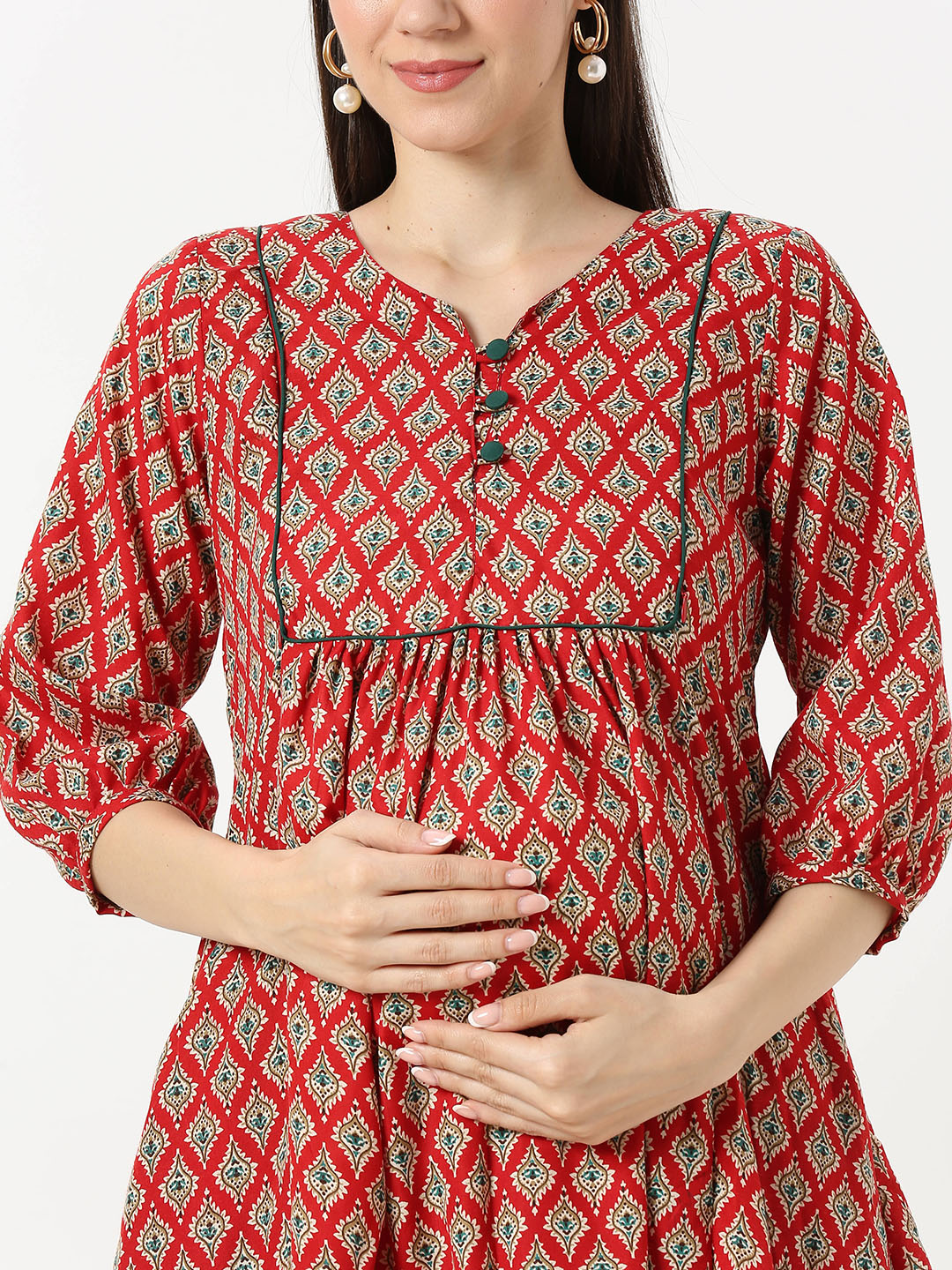 Red Cotton Printed Maternity Dress - Red - Image 4