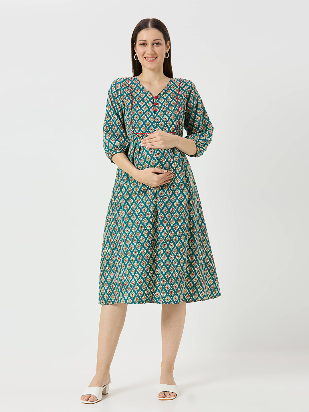 Green Printed Blend Maternity Dress - Green