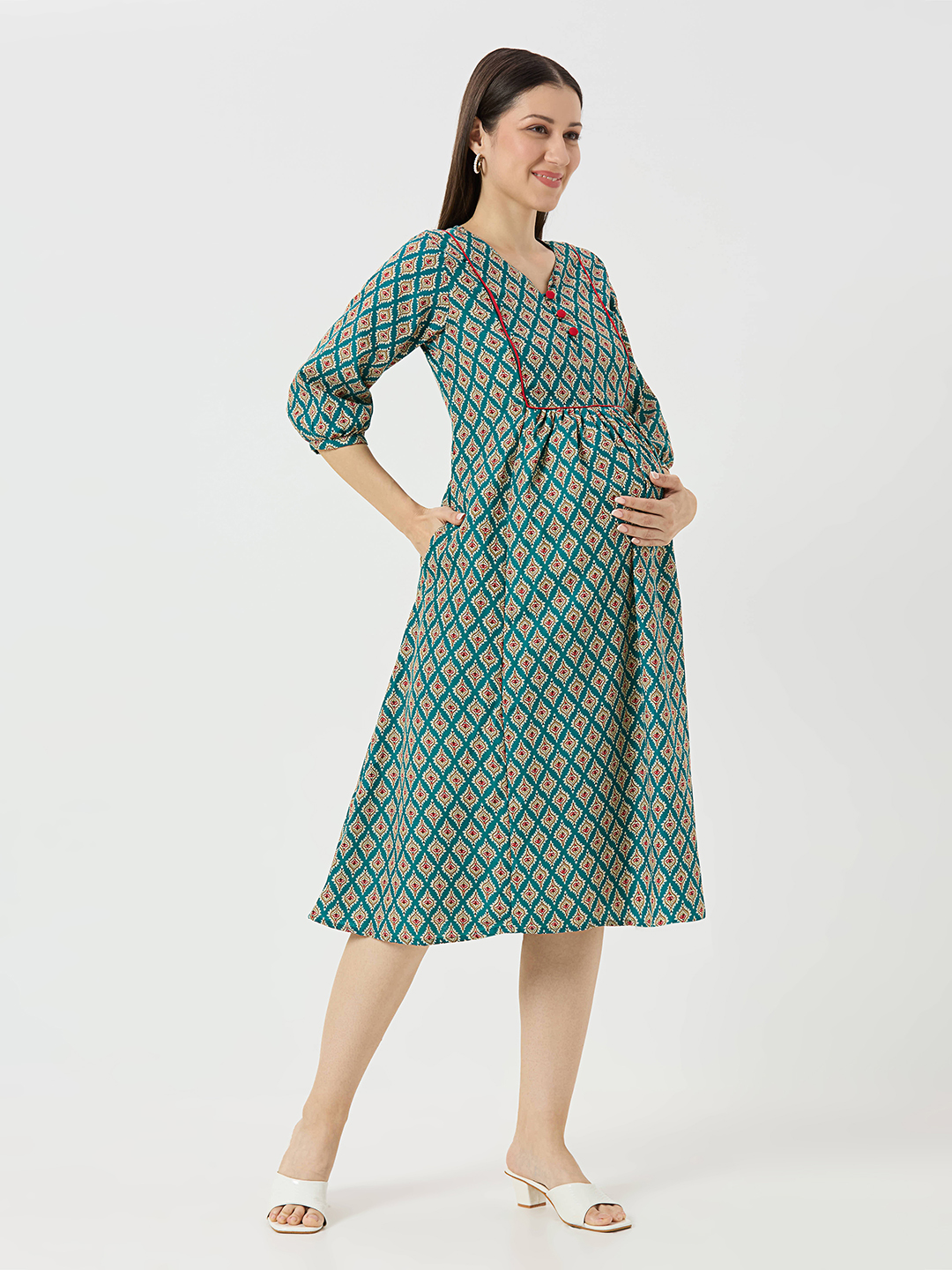 Green Printed Blend Maternity Dress - Green - Image 2