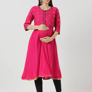 Pink Rayon Mirrorwork Maternity Kurti - Pink