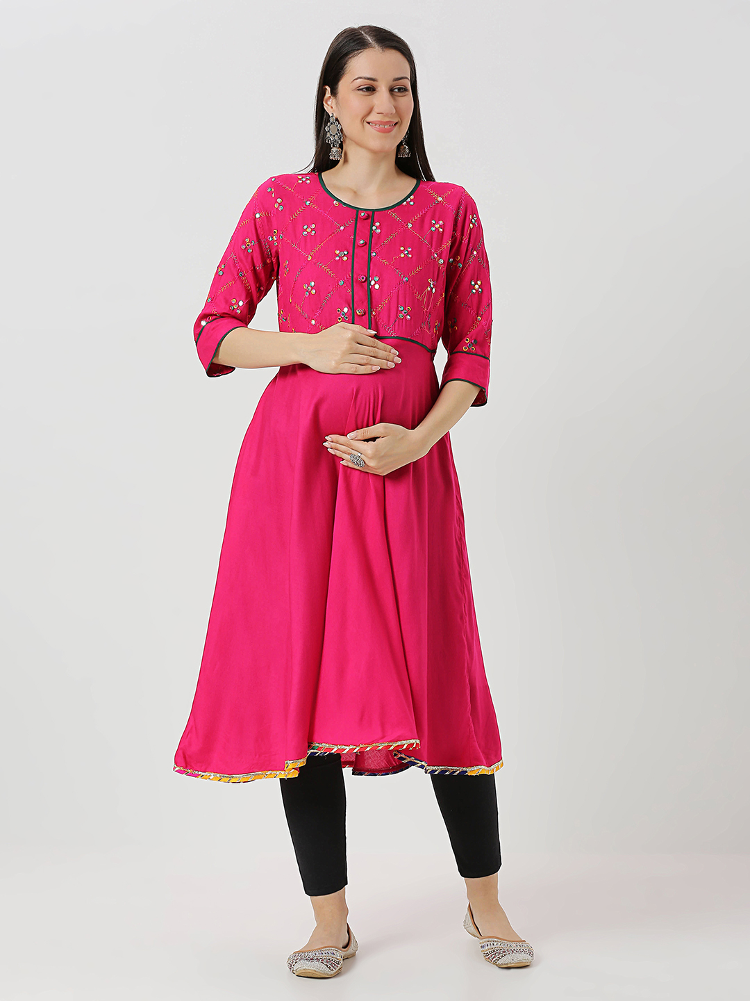 Pink Rayon Mirrorwork Maternity Kurti - Pink