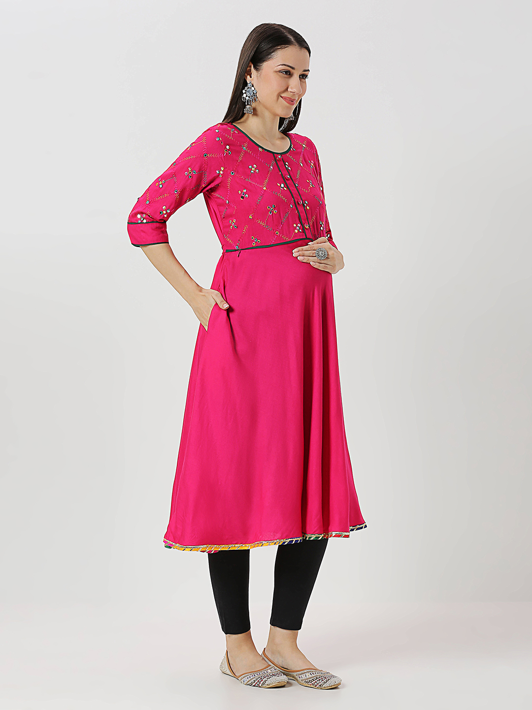 Pink Rayon Mirrorwork Maternity Kurti - Pink - Image 2