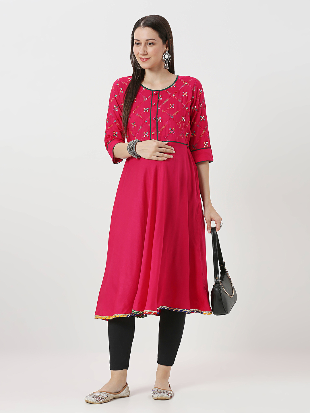 Pink Rayon Mirrorwork Maternity Kurti - Pink - Image 3