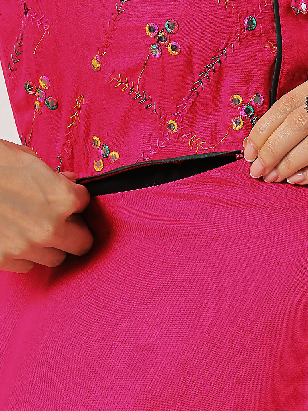 Pink Rayon Mirrorwork Maternity Kurti - Pink - Image 4