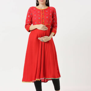 Red Rayon Mirrorwork Maternity Kurti - Red