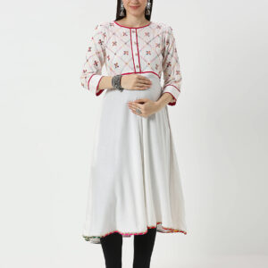 White Rayon Mirrorwork Maternity Kurti - White