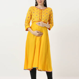 Yellow Rayon Mirrorwork Maternity Kurti - Yellow