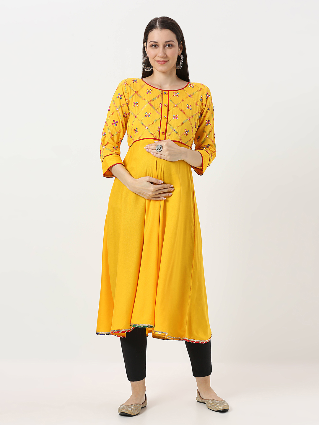 Yellow Rayon Mirrorwork Maternity Kurti - Yellow