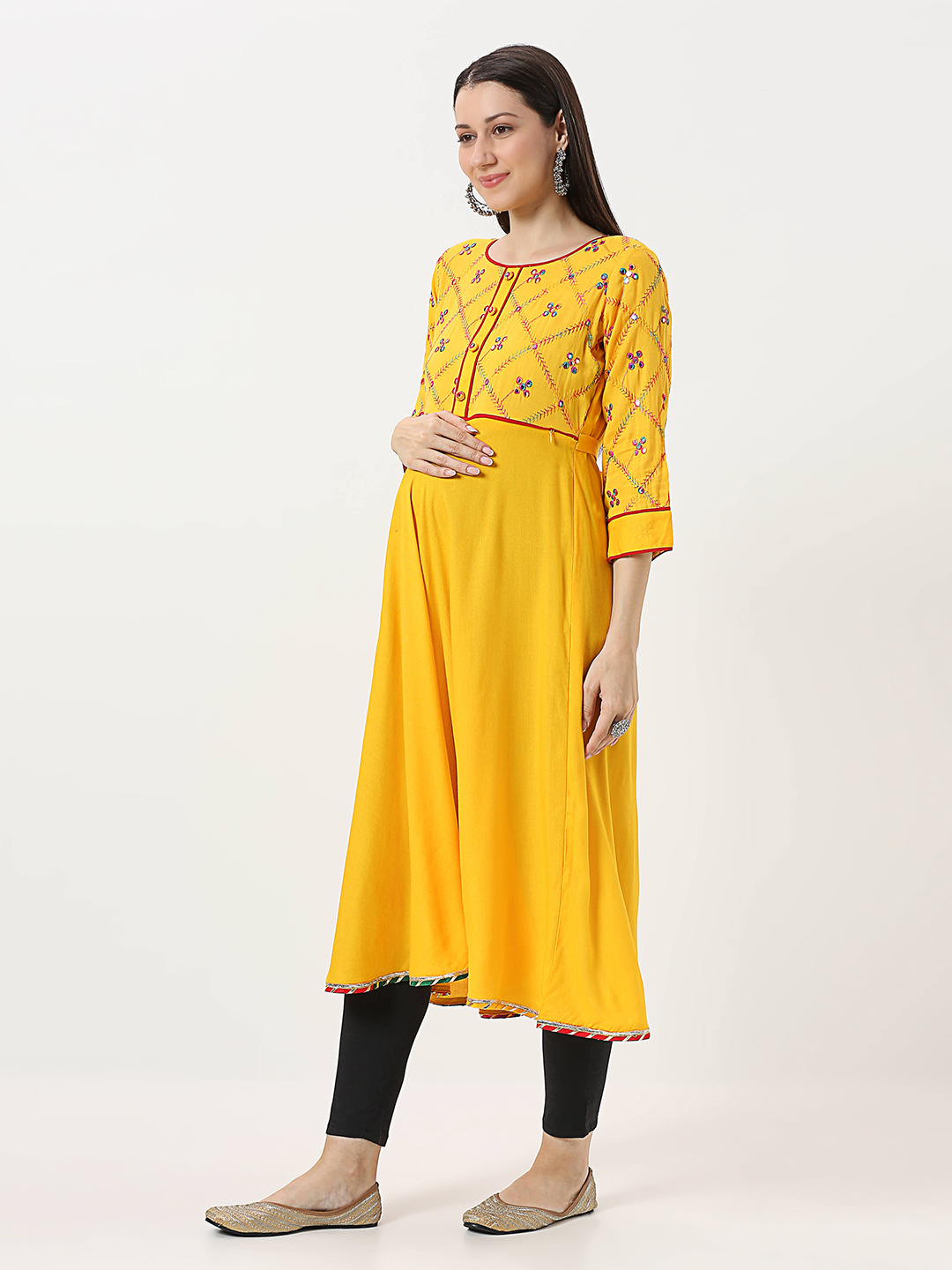 Yellow Rayon Mirrorwork Maternity Kurti - Yellow - Image 2