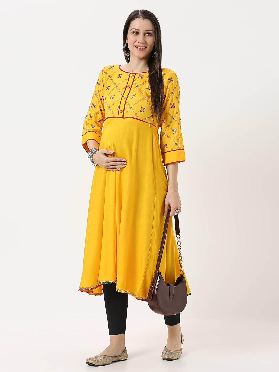 Yellow Rayon Mirrorwork Maternity Kurti - Yellow - Image 3