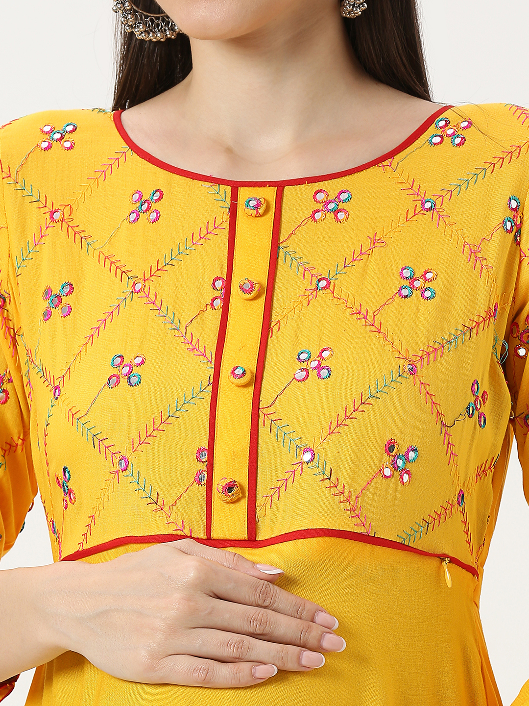 Yellow Rayon Mirrorwork Maternity Kurti - Yellow - Image 4