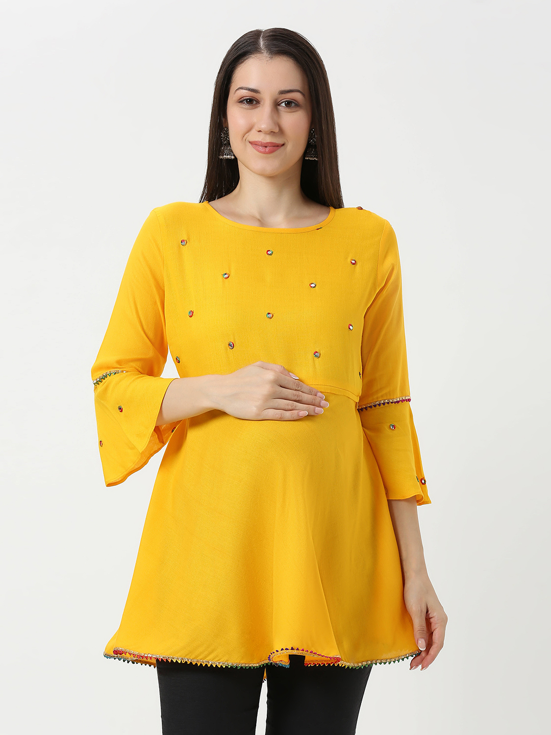 Yellow Umbrellacut Rayon Maternity Top - Red
