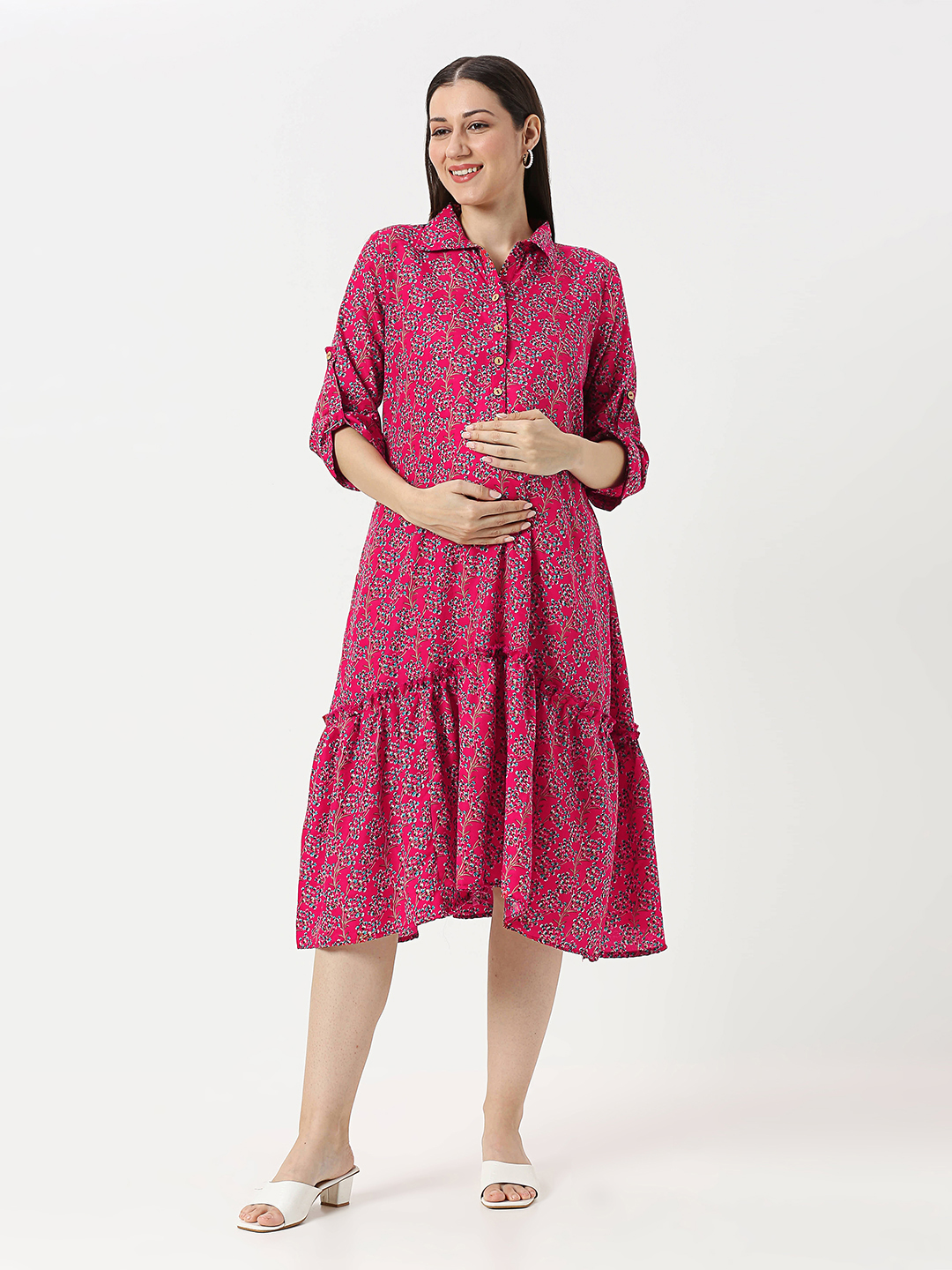 Fuchsia Pink Floral Maternity Dress - Pink