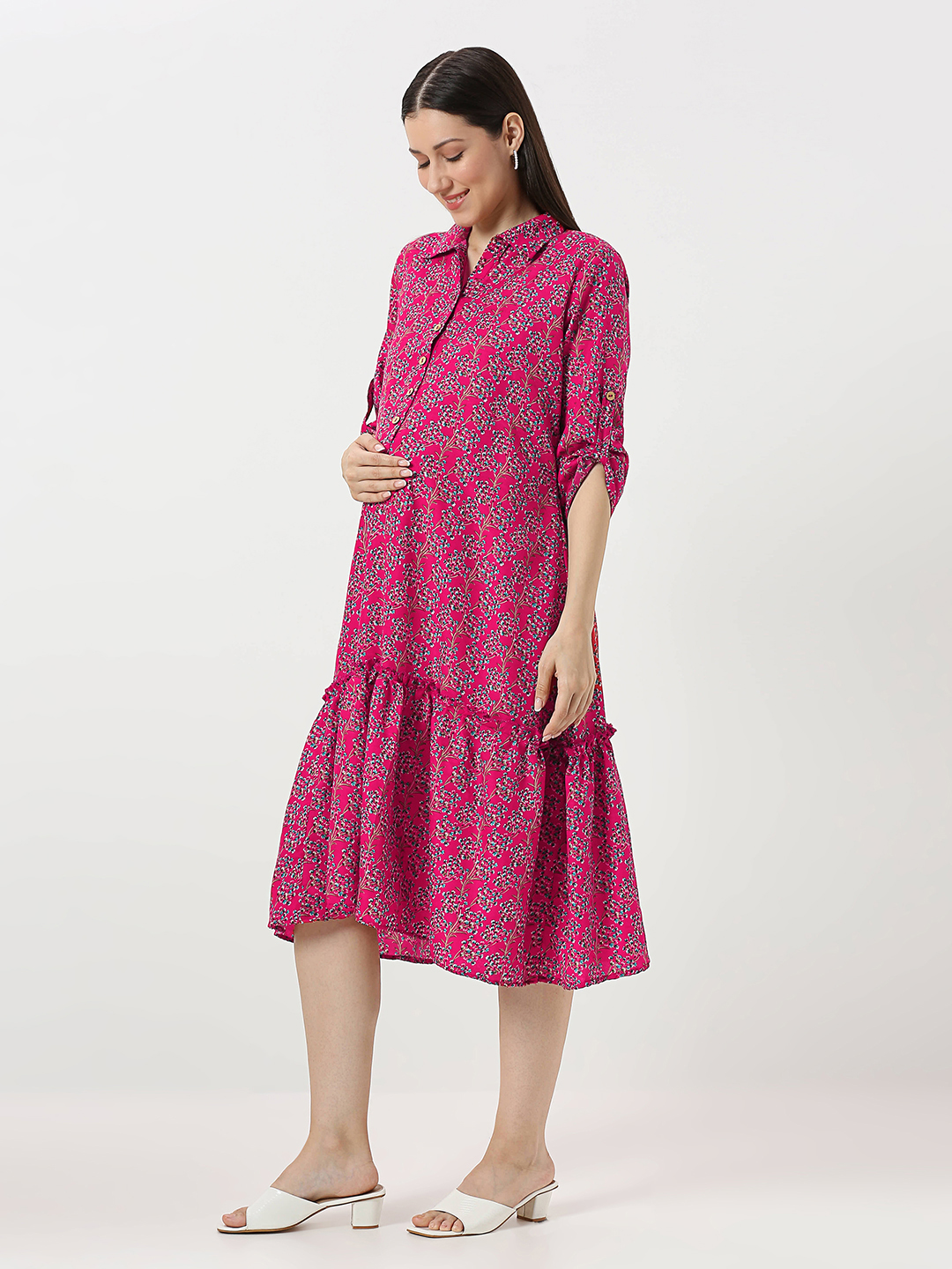 Fuchsia Pink Floral Maternity Dress - Pink - Image 2
