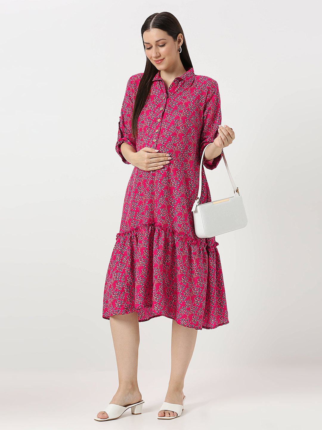 Fuchsia Pink Floral Maternity Dress - Pink - Image 3