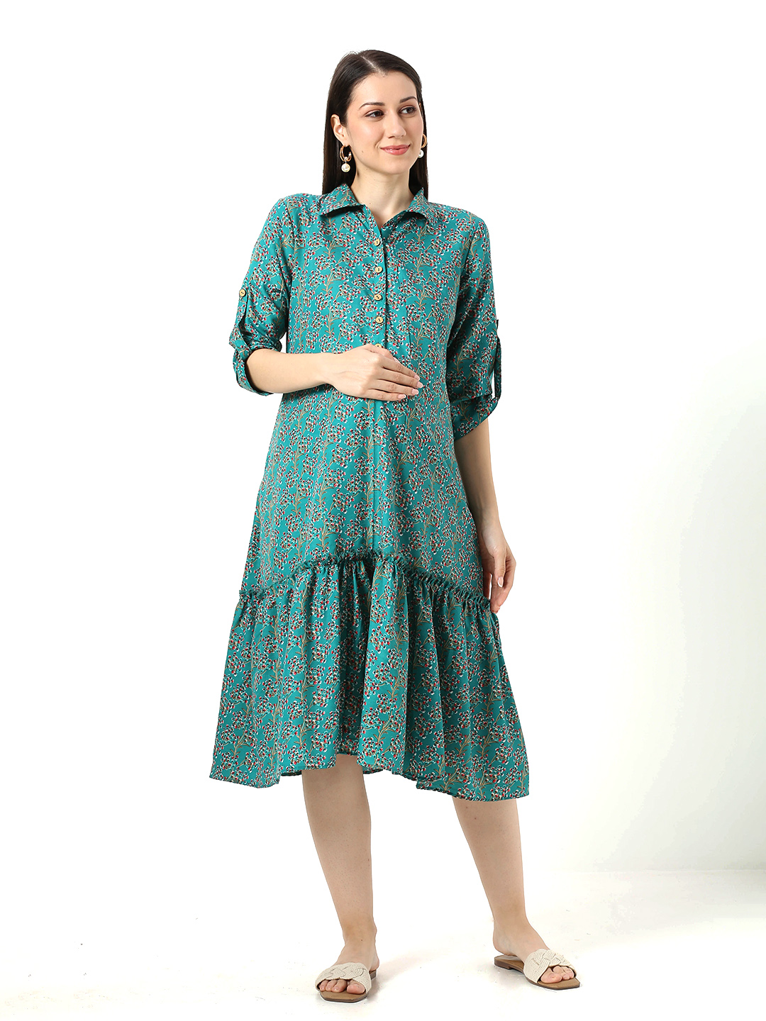 Green Floral Printed Maternity Dress - Green