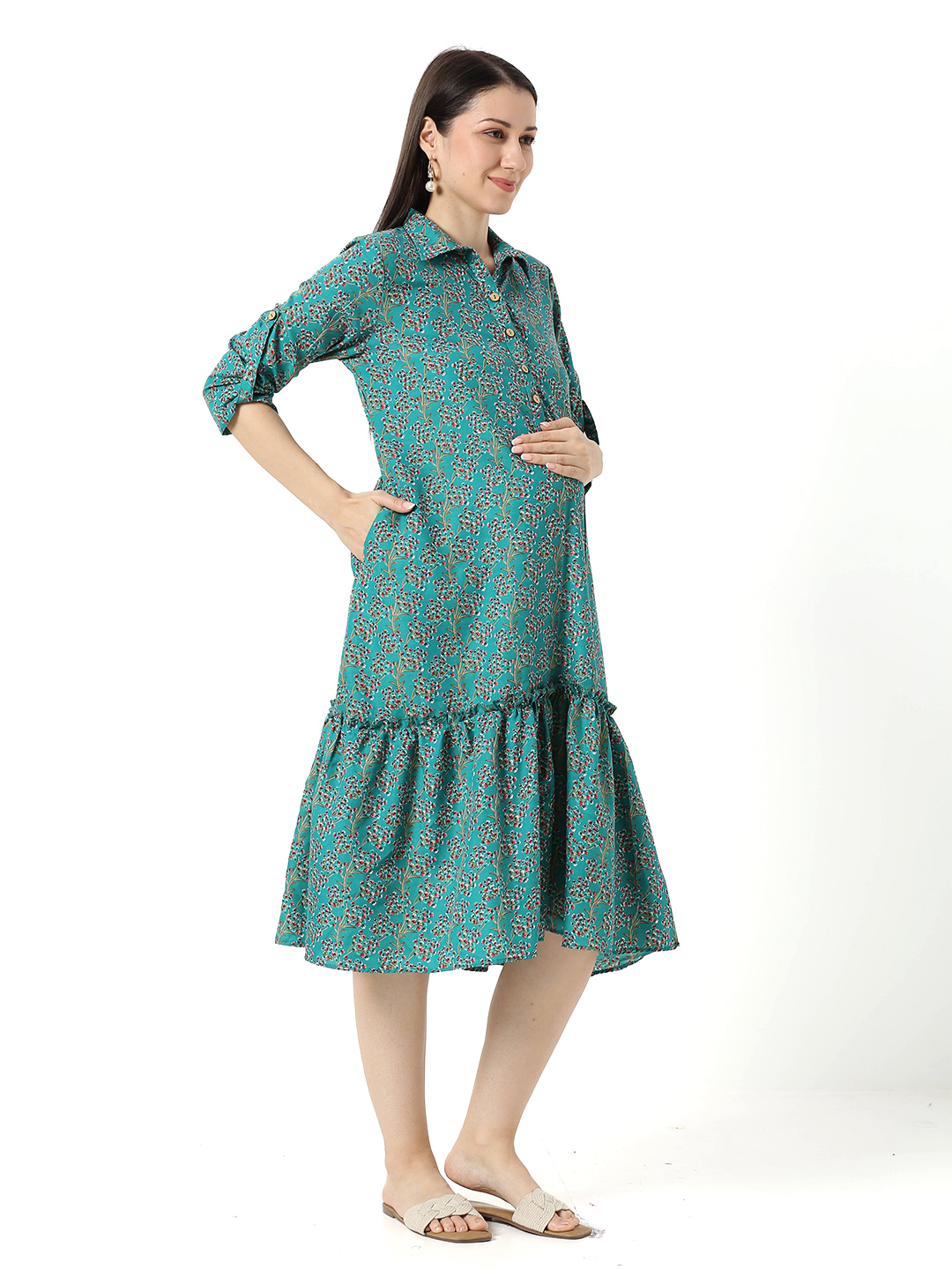 Green Floral Printed Maternity Dress - Green - Image 2
