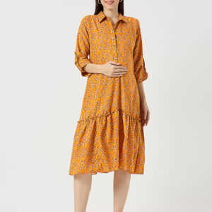 Mustard Yellow Floral Maternity Dress - Red