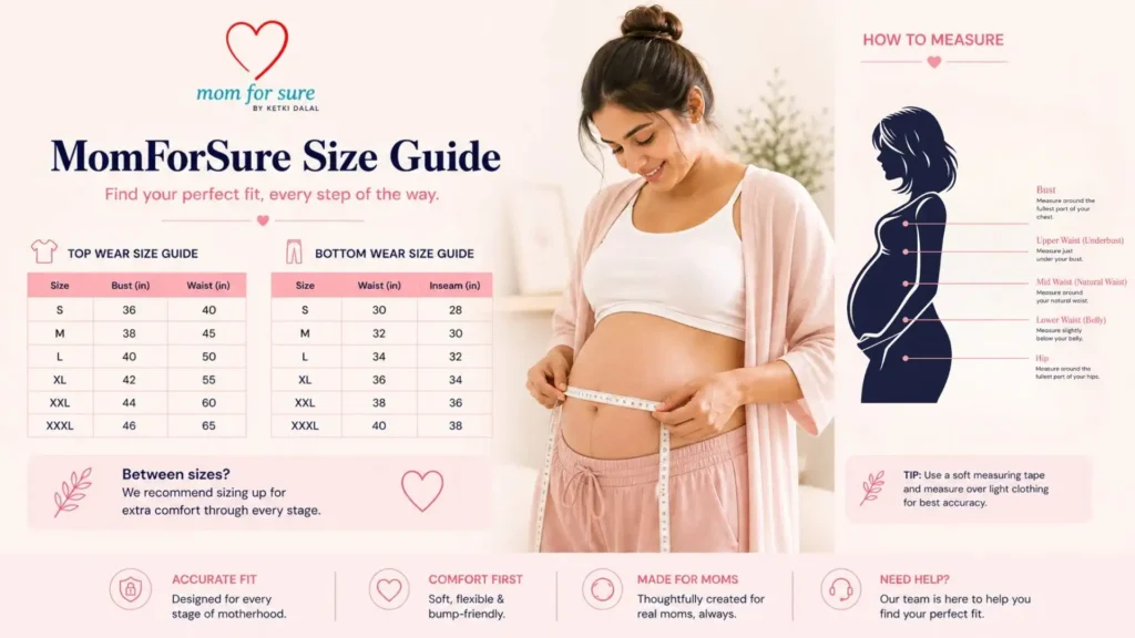 Pregnant woman measuring her belly with tape alongside maternity size chart and body measurement guide for bust, waist, hips, and inseam